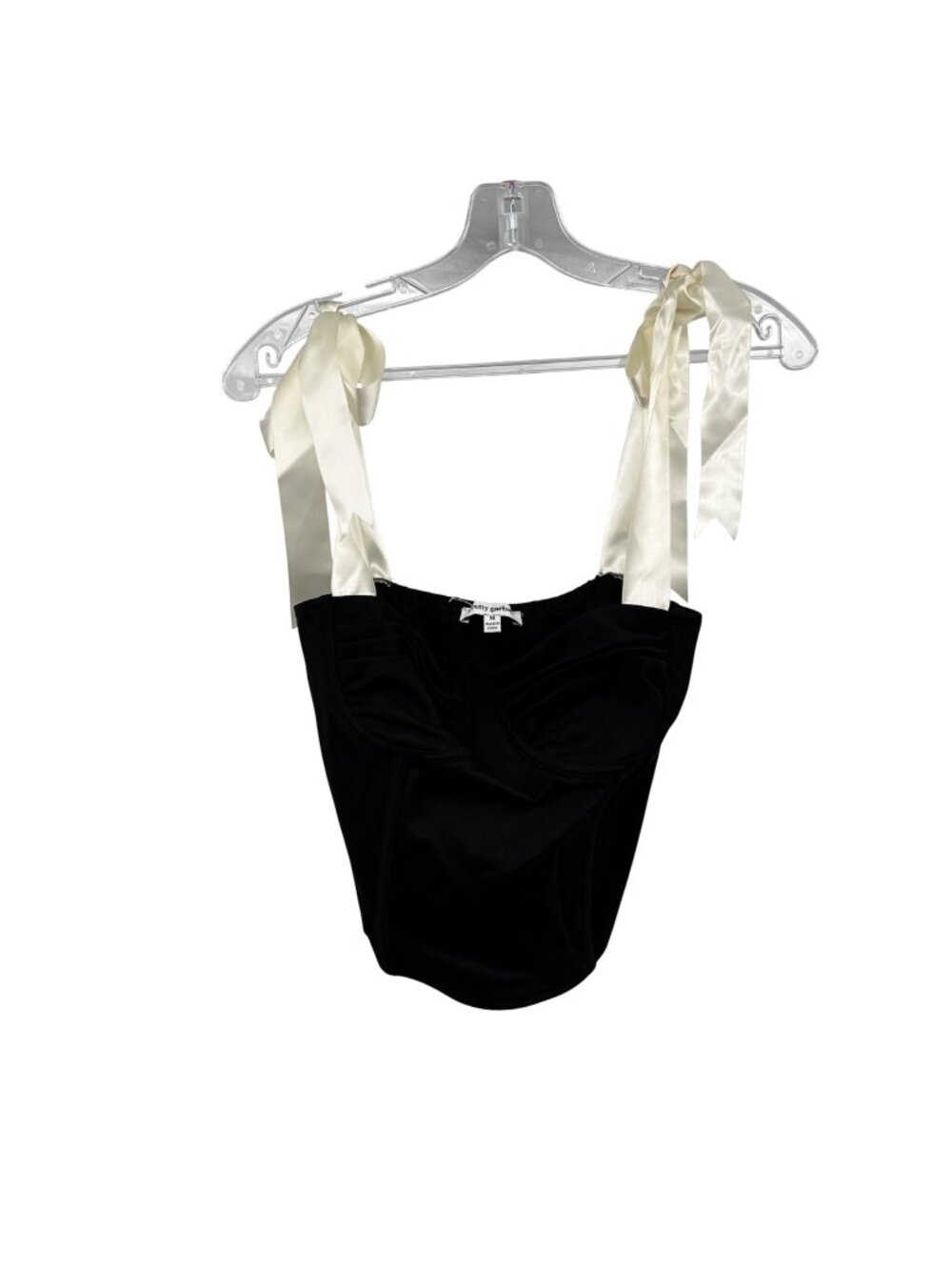 Pretty Garbage Crop Top Ribbon Bow Straps Black/Ivory Boning Womens Size Medium
